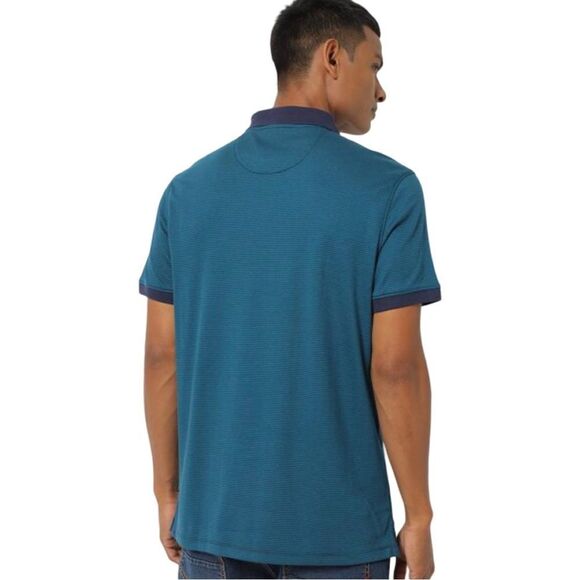 Calvin Klein Teal Navy Thin Stripes Liquid Touch Cotton Polo Shirt - Picture 2 of 10